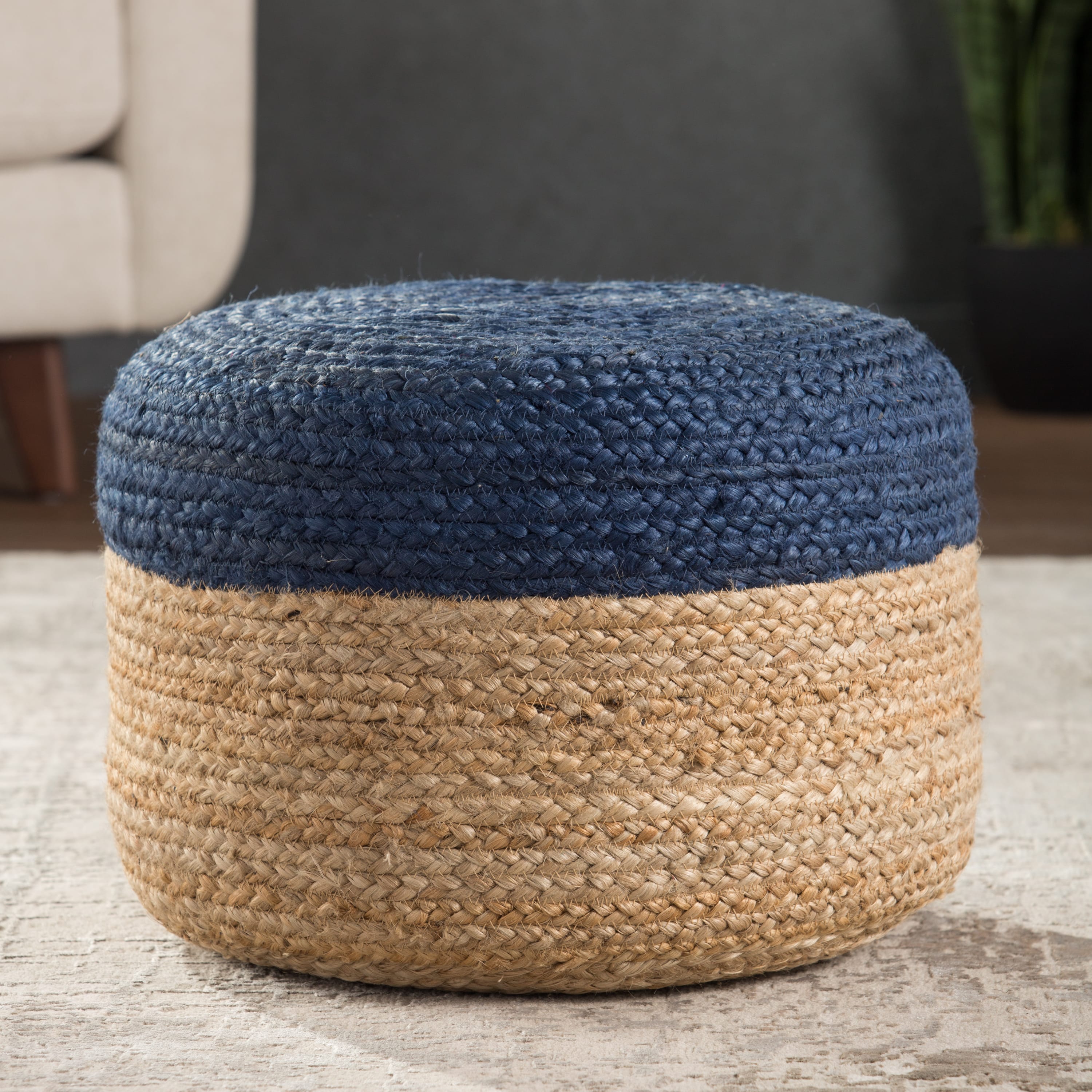 Oliana Natural Ombre Blue/ Beige Cylinder Pouf