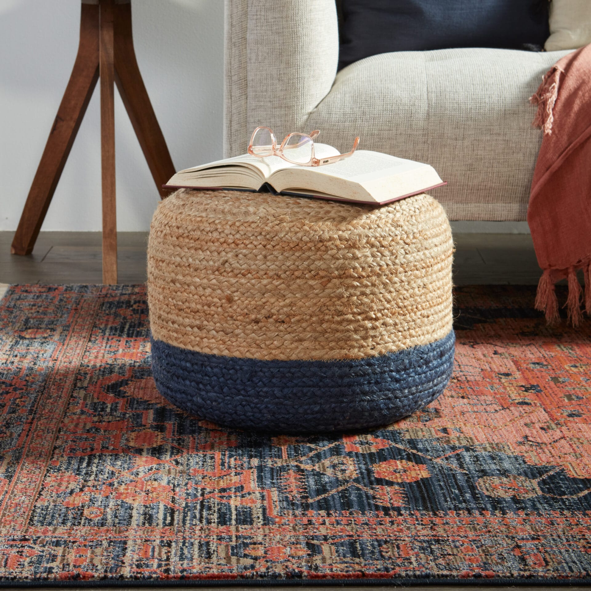 Oliana Natural Ombre Blue/ Beige Cylinder Pouf