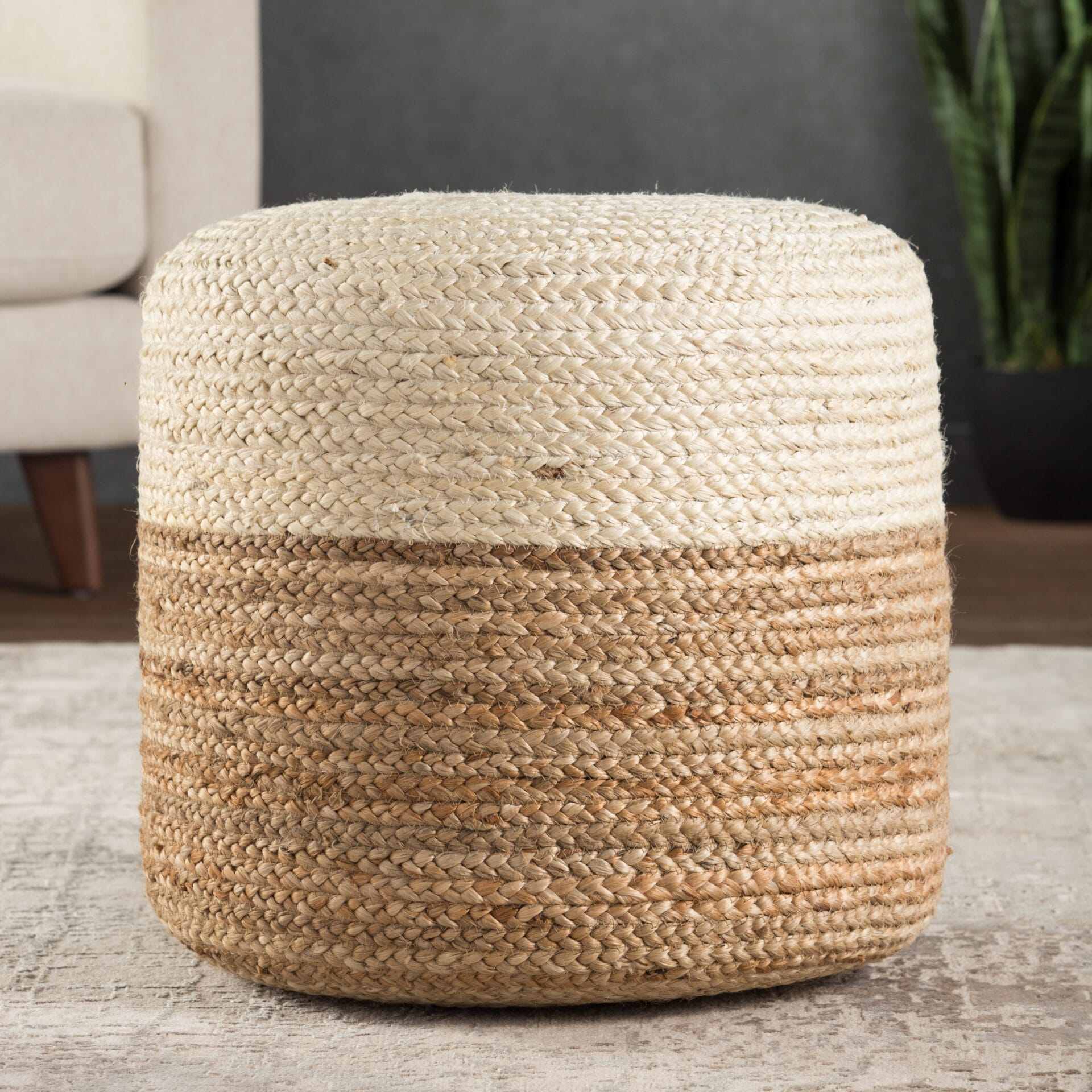 Oliana Natural Ombre White/ Beige Cylinder Pouf